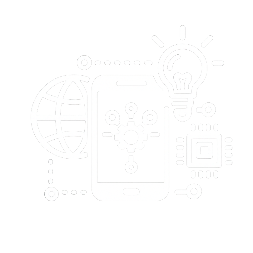Digitális transzformációt jelképező ikon okostelefonnal, földgömbbel, fogaskerékkel és villanykörtével