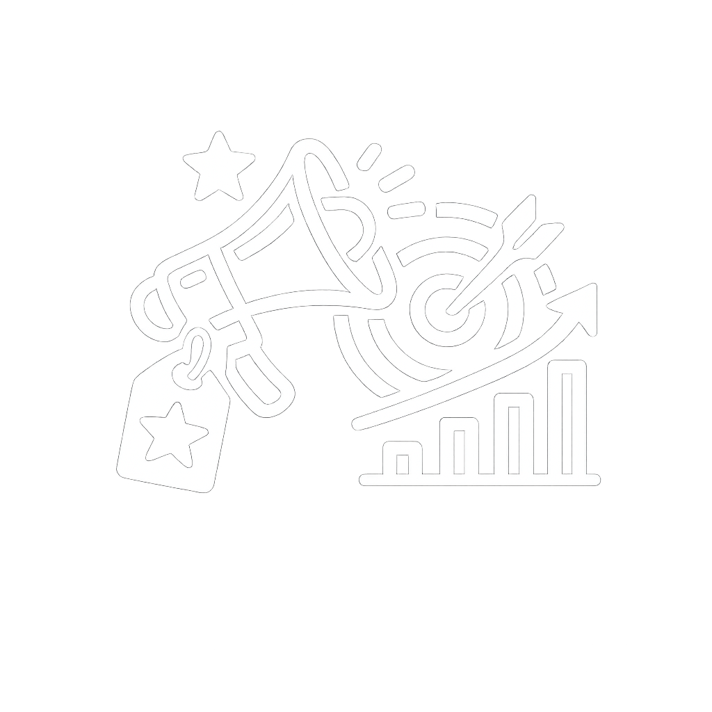 Márkaépítést és marketingstratégiát jelképező ikon megafonnal, céltáblával és növekedési gráffal