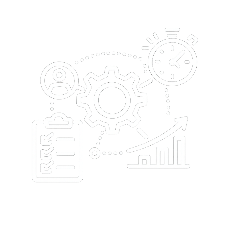 Operatív hatékonyság növelését jelképező ikon fogaskerékkel, stopperrel, checklistával és növekvő grafikonon