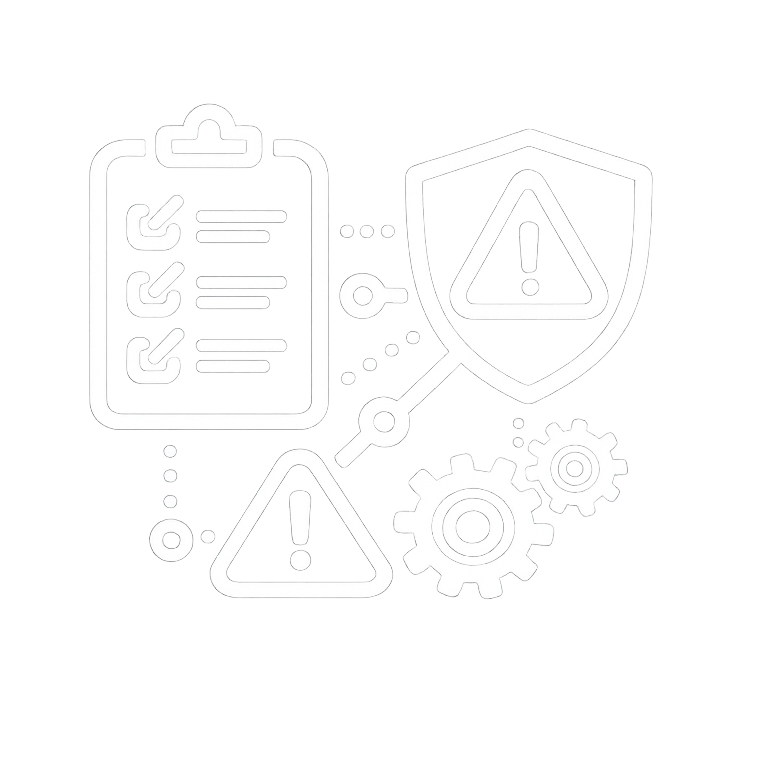 Válságmenedzsment és válságmegelőzés ikonjának grafikája pajzzsal, figyelmeztető jelekkel, ellenőrzőlistával és fogaskerekekkel