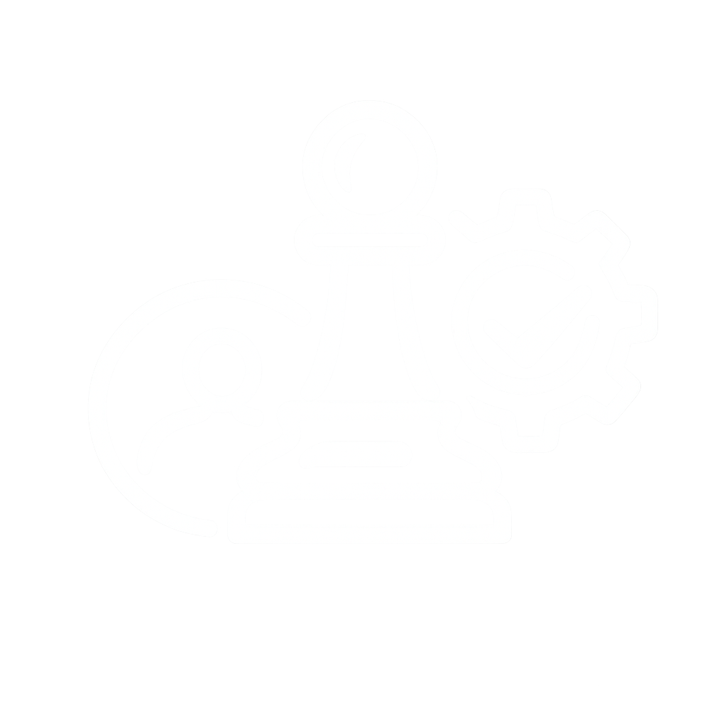 Stilizált ikon sakkfigurával, emberi szimbólummal és fogaskerékkel – stratégiai tervezés