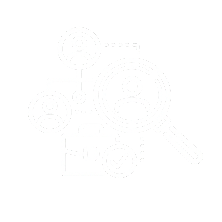 HR- és szervezetfejlesztési ikonsor nagyítóval, dolgozókkal és aktatáskával